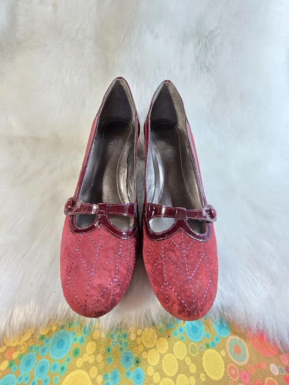 Franco Sarto Burgundy Suede & Patent Mary Jane Kitten Heels  Dress Pumps